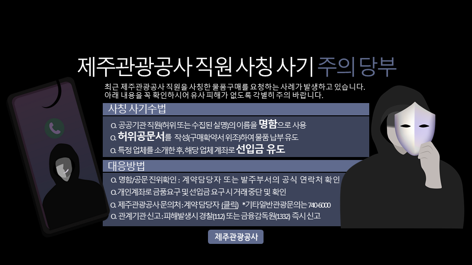 제주관광공사
공공기관 직원 사칭 사기 주의 당부
최근 공공기관 및 공무원을 사칭한 물품구매를 요청하는 사례가 발생하고 있습니다.
아래 내용을 꼭 확인하시어 유사 피해가 없도록 각별히 주의 바랍니다.
사칭 사기수법
• 공공기관 직원(허위 또는 수집된 실명)의 이름을 명함으로 사용
• 허위공문서를 작성(구매확약서 위조)하여 물품 납부 유도
• 특정 업체를 소개한 후, 해당 업체 계좌로 선입금 유도
대응방법
• 발신처 확인
- 해당 공공기관 홈페이지 발주부서의 공식 연락처가 맞는지 확인
- 구매 요청 등 발주는 홈페이지의 발주부서 담당자 공식 연락처를 통하여 진행되며, 개인전화로 요청하는 경우 기관에 전화하여 사실 확인
• 위조공문, 위조명함, 위조 신분증 등 확인