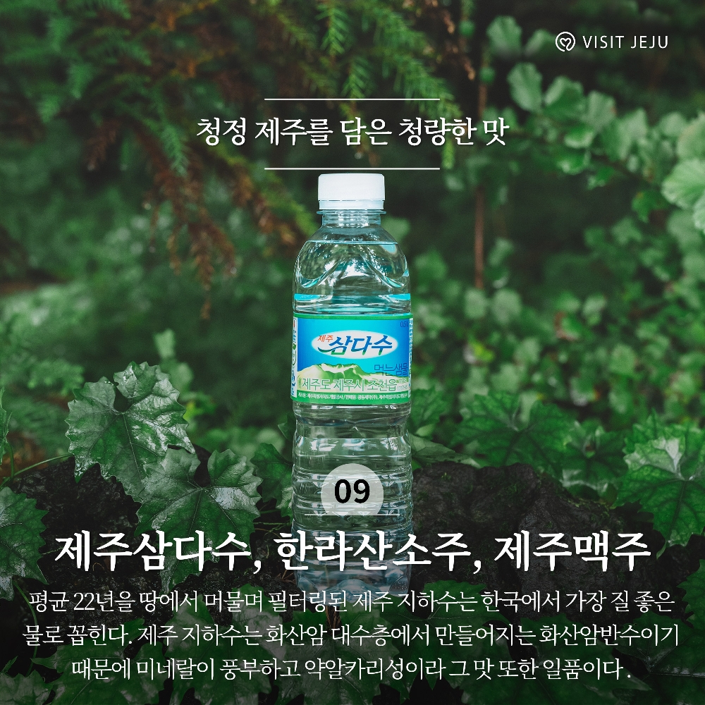 청정 제주를 담은 청량한 맛
09. 제주삼다수, 한라산소주, 제주맥주
평균22년을 땅에서 머물며 필터링된 제주 지하수는 한국에서 가장 질 좋은 물로 꼽힌다. 제주 지하수는 화산암 대수층에서 만들어지는 화산암반수이기 때문에 미네랄이 풍부하고 약알카리성이라 그 맛 또한 일품이다.